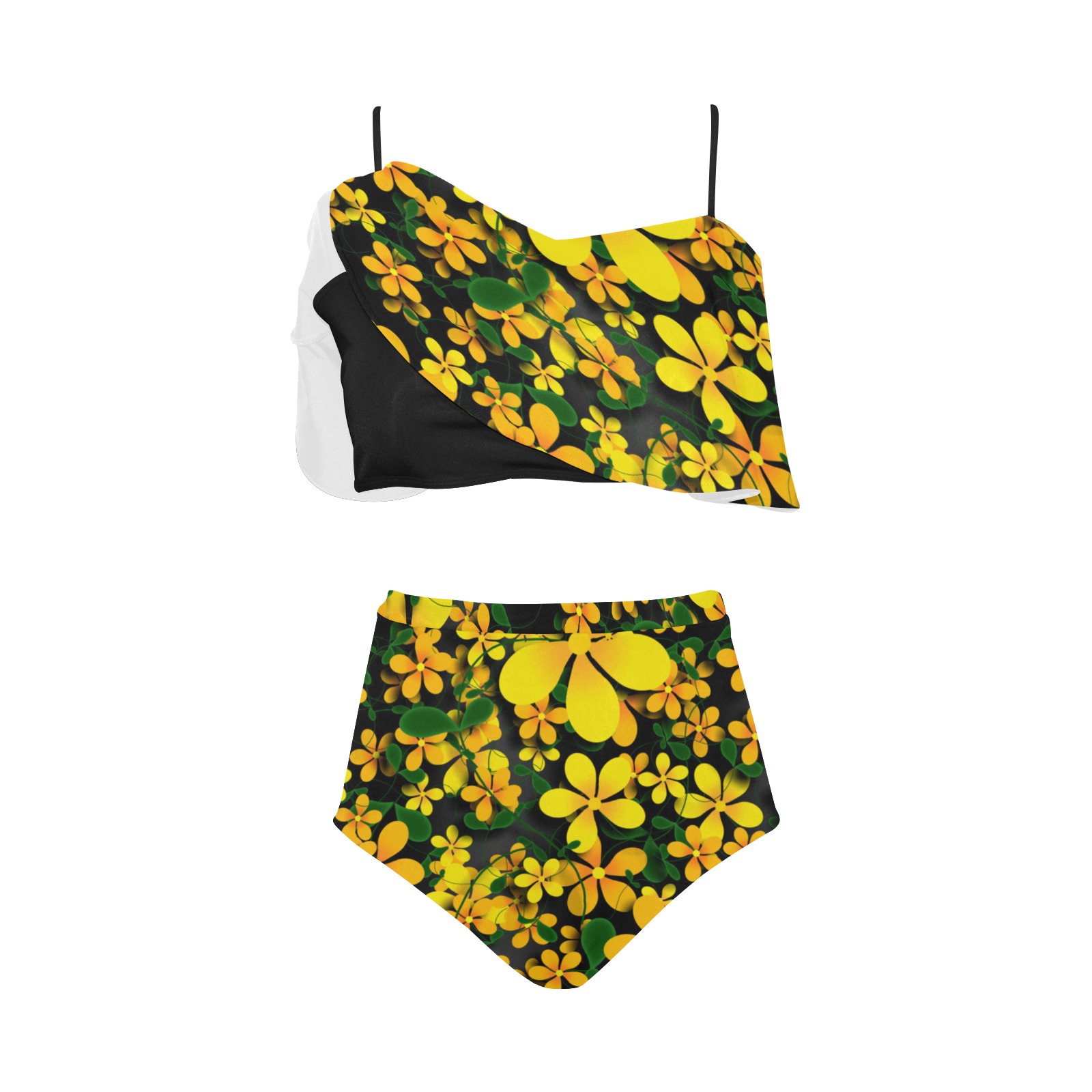 Pretty Orange & Yellow Flowers on Black High Waisted Ruffle Bikini Set (Model S13)