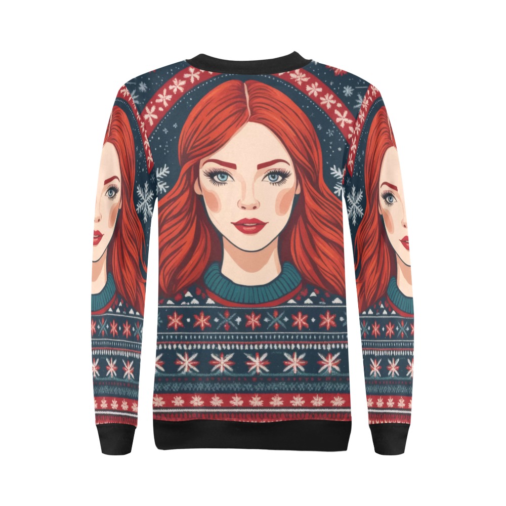 Charming redhead woman in sweater winter pattern. All Over Print Crewneck Sweatshirt for Women (Model H18)