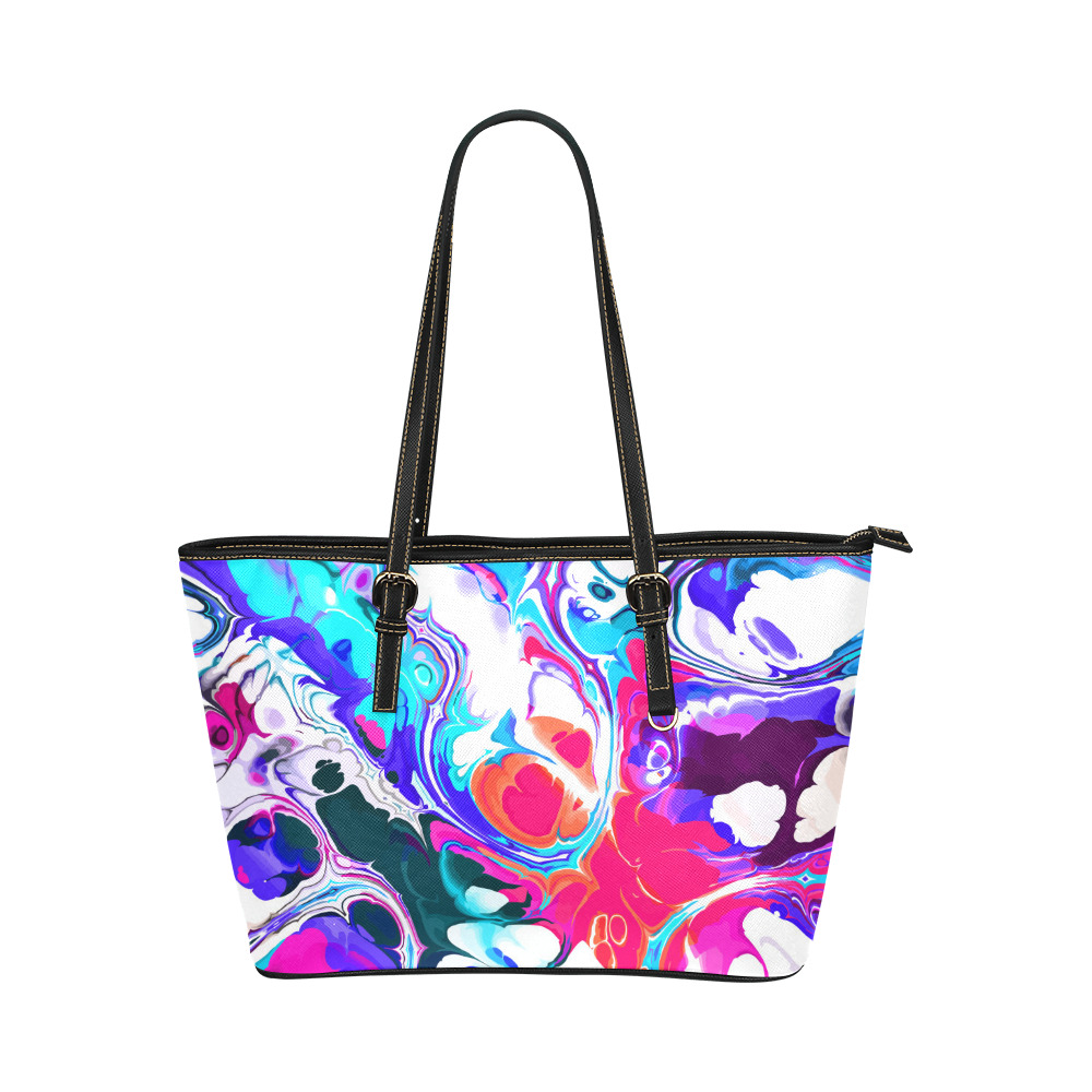 Blue White Pink Liquid Flowing Marbled Ink Abstract Leather Tote Bag/Large (Model 1651)