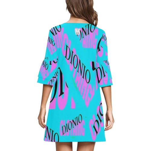 DIONIO Clothing - Women's Half Sleeve V Neck Mini Dress (Company Turquoise & Pink Logo) Half Sleeves V-Neck Mini Dress (Model D63)