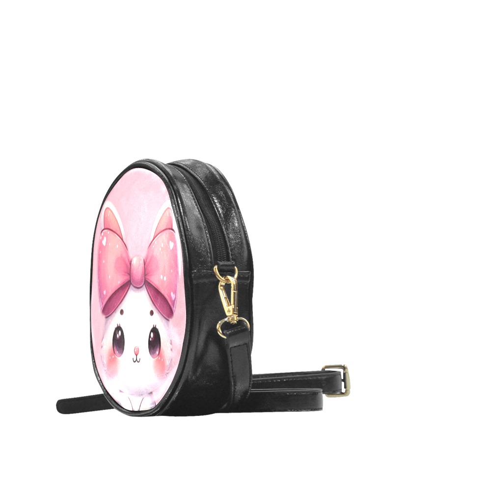 Pink bow bunny black shoulder bag Round Sling Bag (Model 1647)