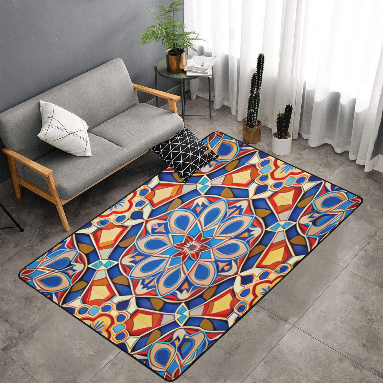 intricate pattern, orange, blue and yellow Area Rug with Black Binding 7'x5'