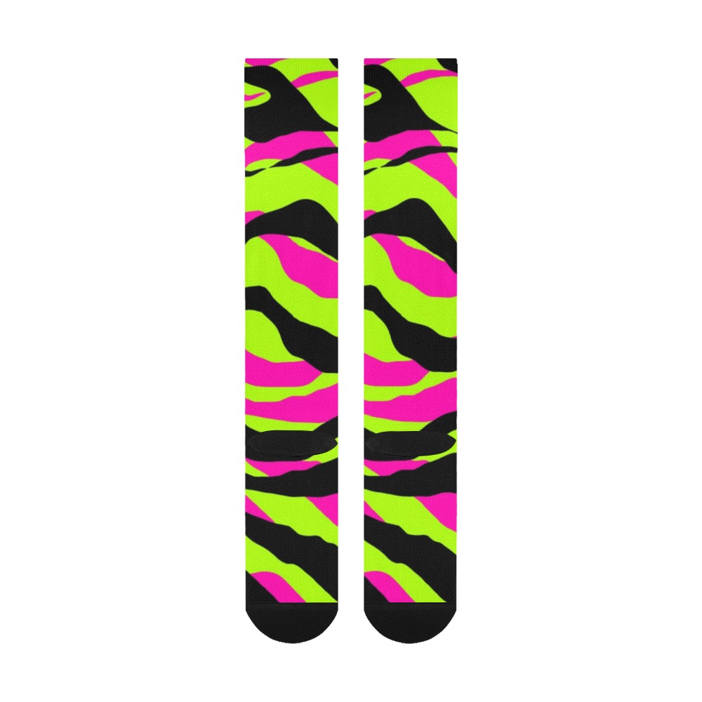 Pink, Neon Green & Black Tiger Stripe Socks Colorful Socks Custom Socks Bright Neon Fun Socks Over-The-Calf Socks