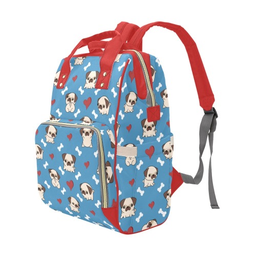 Pugs and Hearts Diaper Bag - Red Multi-Function Diaper Backpack/Diaper Bag (Model 1688)