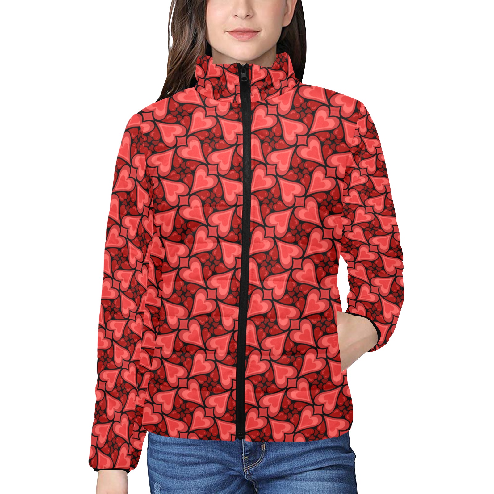 Heart Pattern Love Story Red on Black Women's Stand Collar Padded Jacket (Model H41)