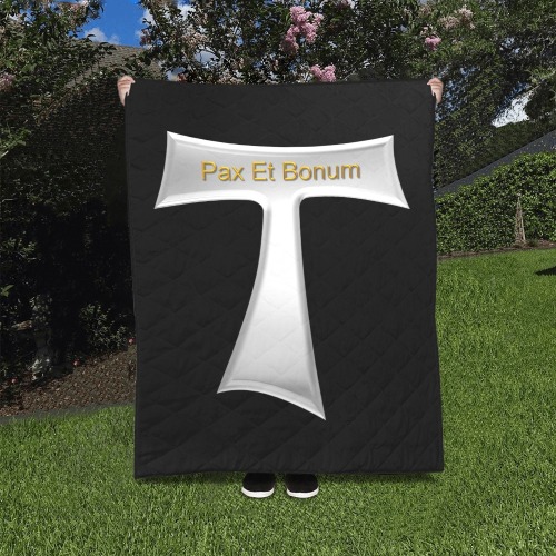 Franciscan Tau Cross Pax Et Bonum Silver Metallic Quilt 40"x50"