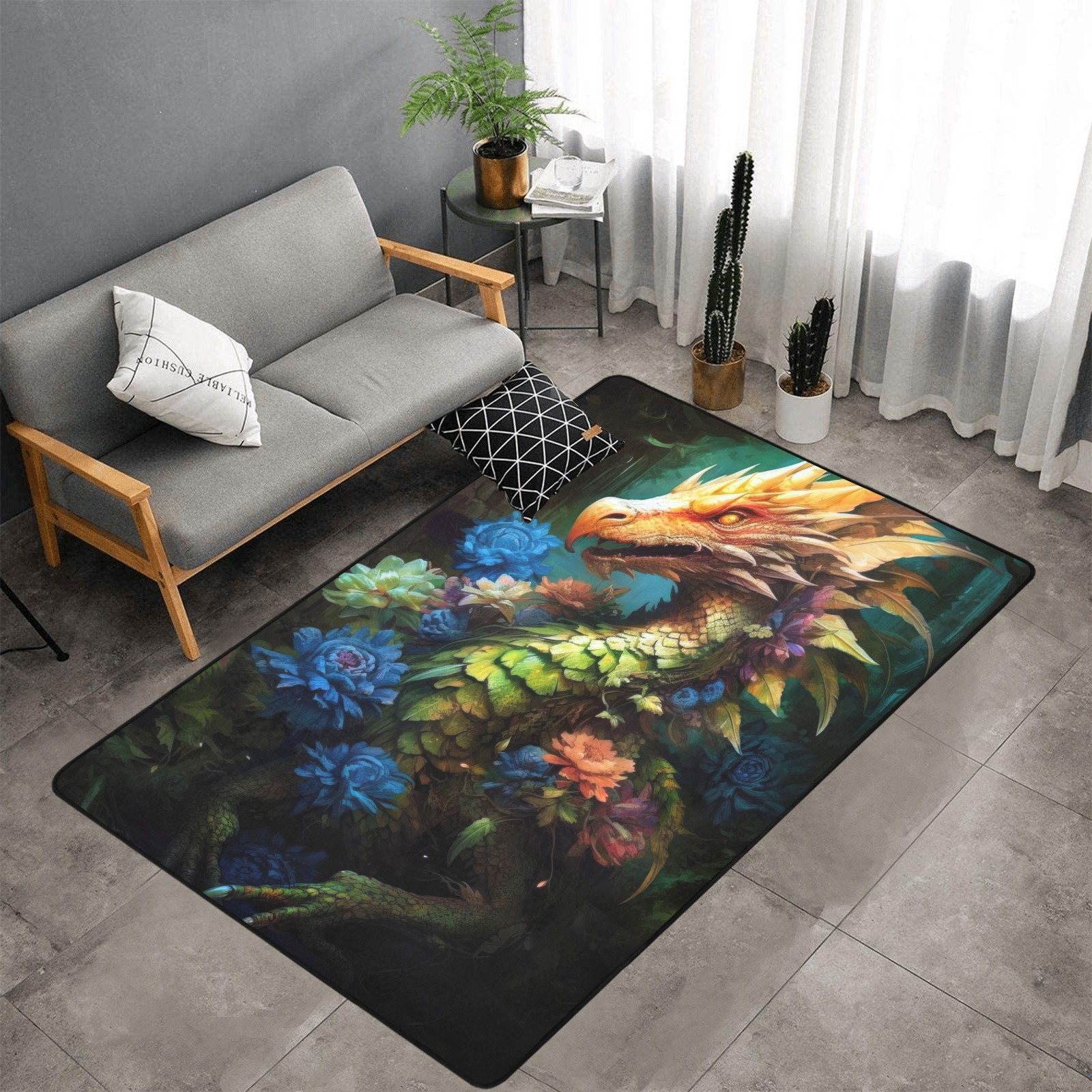 Dragon world area rug Area Rug with Black Binding 7'x5'