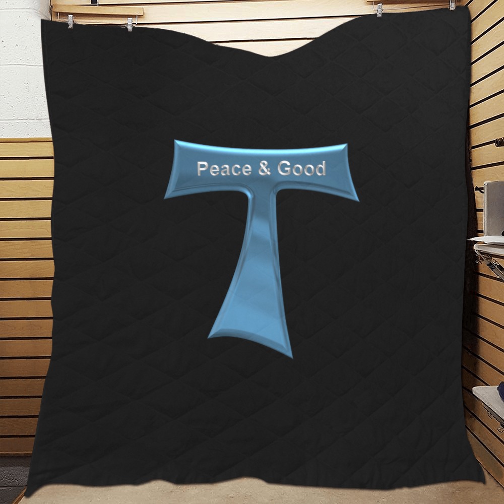 Franciscan Tau Cross Peace and Good  Blue Metallic Quilt 70"x80"