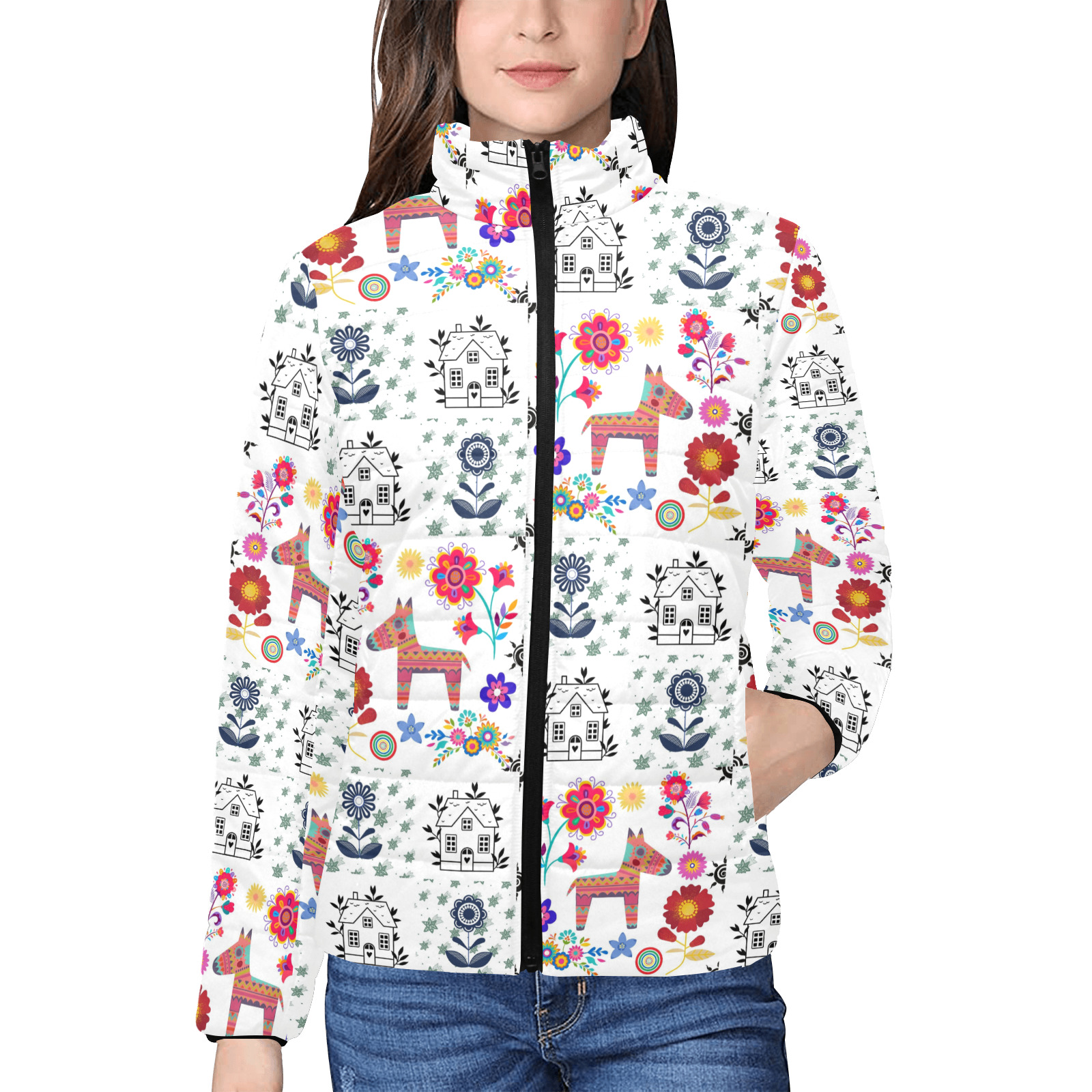 Alpaca Pinata With Blue House and Flowers Pattern Women's Stand Collar Padded Jacket (Model H41)
