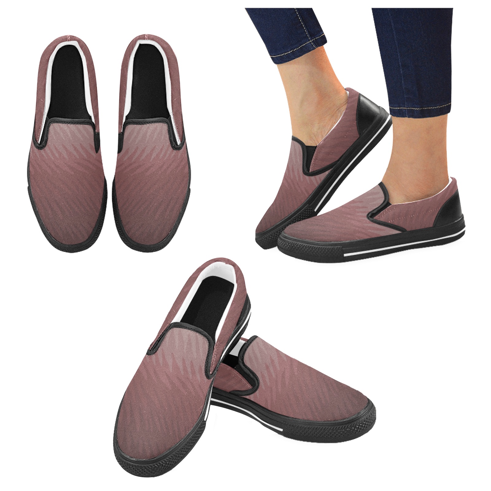 brown wavespike Black Men's Slip-on Canvas Shoes (Model 019)