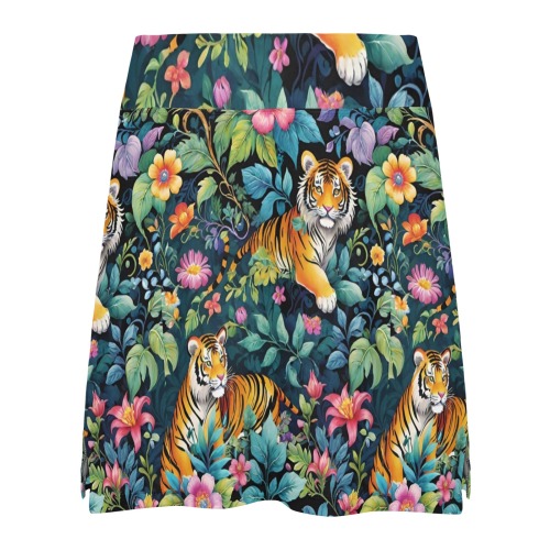 Jungle Tigers and Tropical Flowers Pattern Women's Athletic Skirt (Model D64)