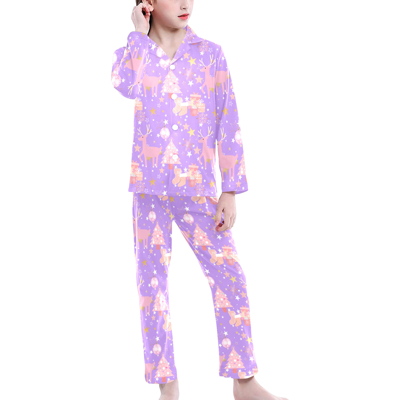 Pink and Purple and Gold Christmas Design Big Girls' V-Neck Long Pajama Set