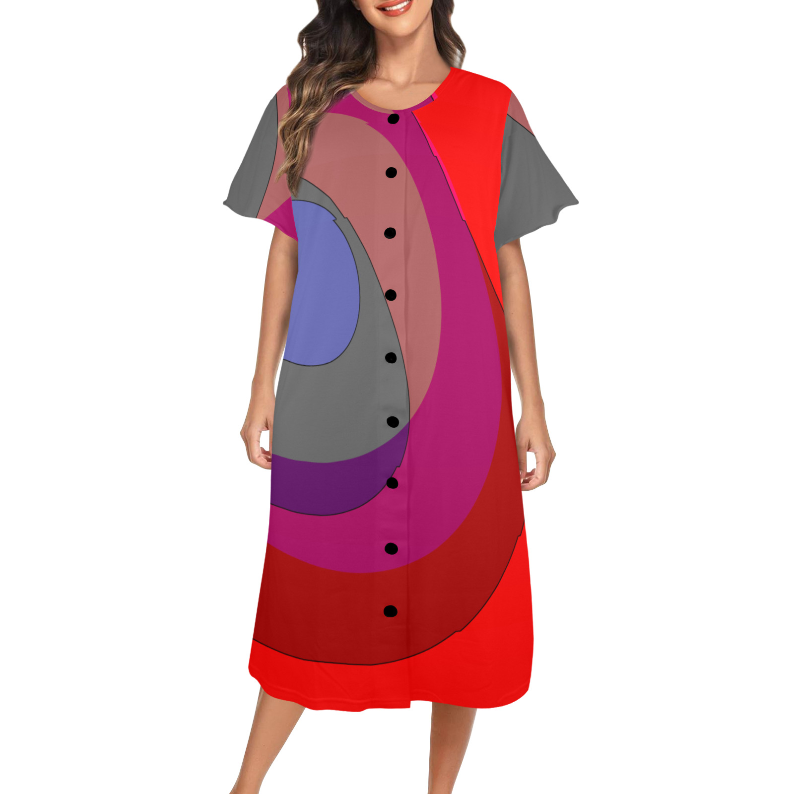 Red Abstract 714 Women's Button Front House Dress