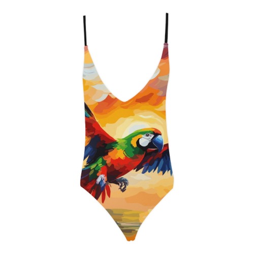 A colorful parrot and a pirate ship at sunset. Sexy Lacing Backless One-Piece Swimsuit (Model S10)