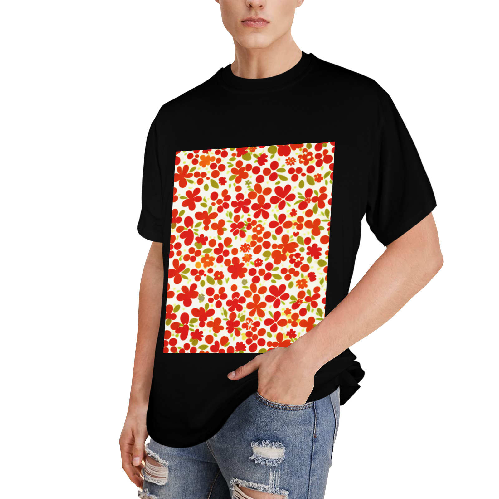 mid century retro floral 1970s 1960s pattern 92 Men's Glow in the Dark T-shirt (Front Printing)