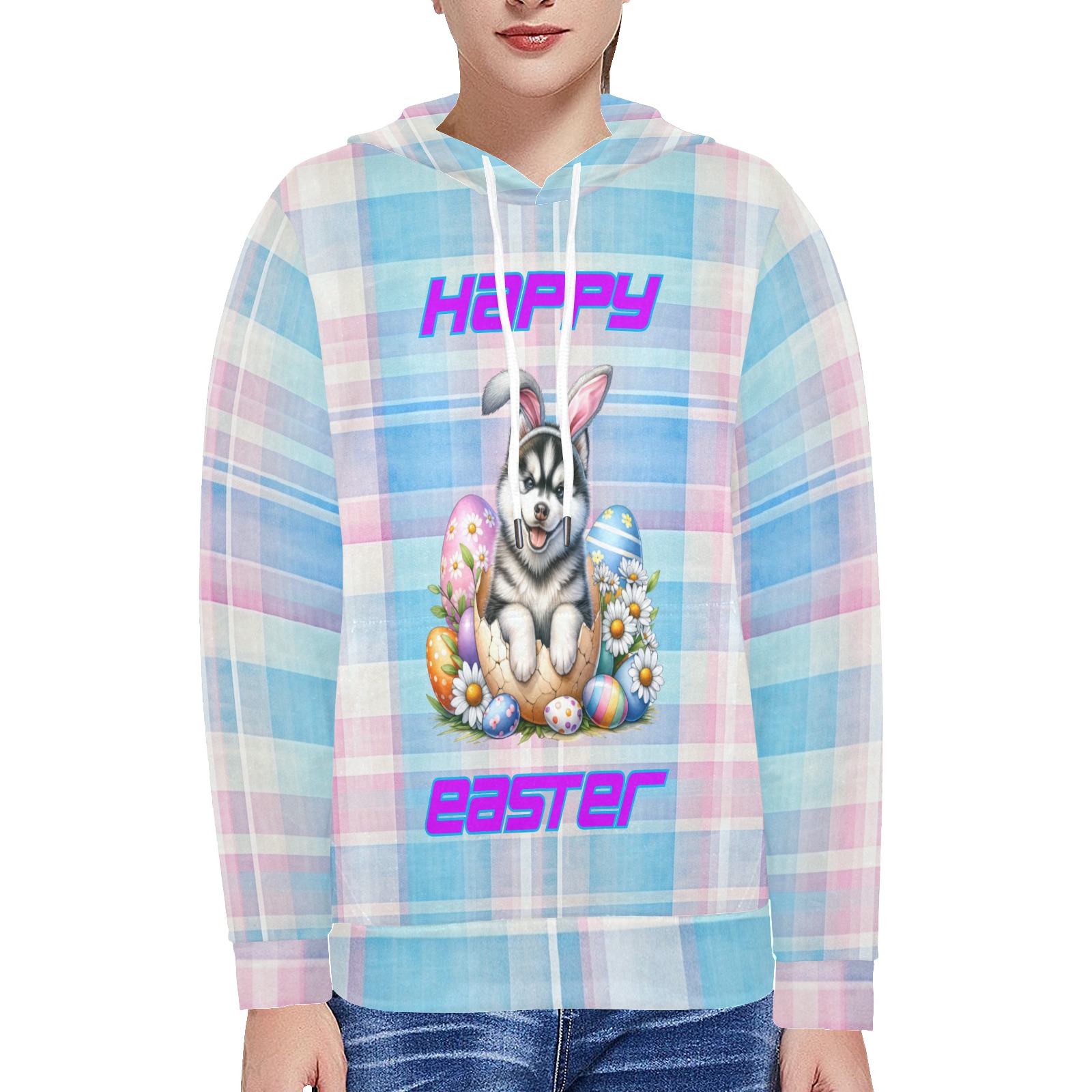 Happy Easter Husky Women's Long Sleeve Fleece Hoodie (Model H55)