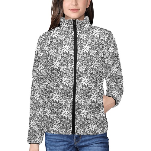 Petals in the Wind in Black Women's Stand Collar Padded Jacket (Model H41)