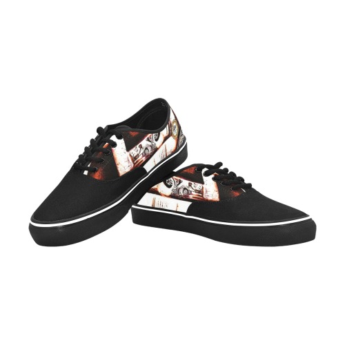 graffiti building's brown and white Classic Men's Canvas Low Top Shoes (Model E001-4)