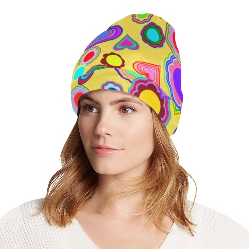 Groovy Hearts and Flowers Yellow All Over Print Beanie for Adults