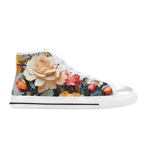 Chic bunch of beige rose flowers on blue oil art. Women's Classic High Top Canvas Shoes (Model 017)