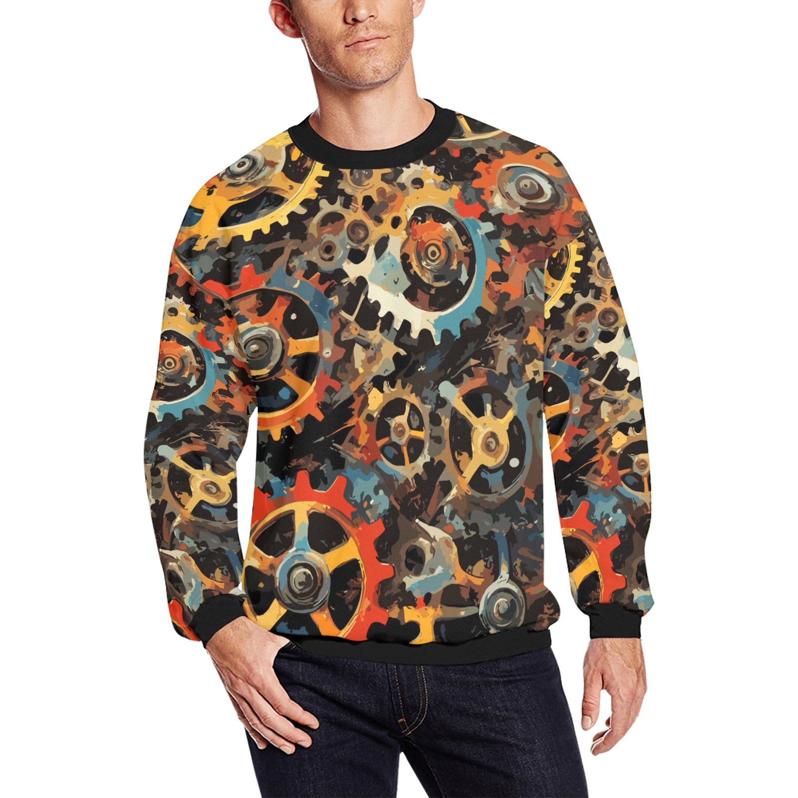 Cool Vintage Mechanical Gear Colorful Abstract Art Men's Oversized Fleece Crew Sweatshirt (Model H18)