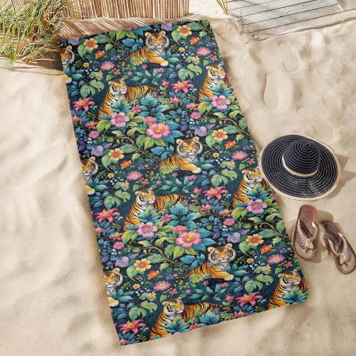 Jungle Tigers and Tropical Flowers Pattern Beach Towel 31"x71"(NEW)
