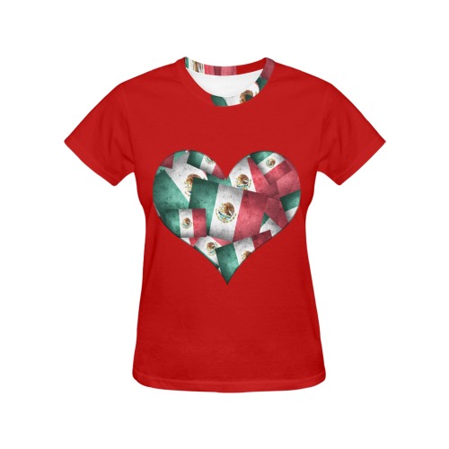 Mexican Pattern - Flags of Mexico Heart on Red All Over Print T-Shirt for Women (USA Size) (Model T40)