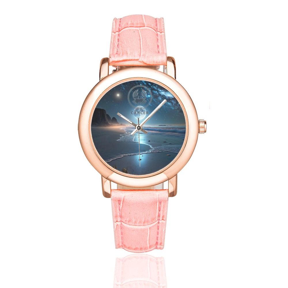 Moon with Cancer Women's Rose Gold Leather Strap Watch(Model 201)