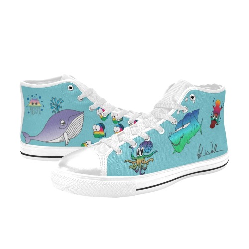 Women's Signed Adam Wallace Blue Shoes - Underwater Creatures! Women's Classic High Top Canvas Shoes (Model 017)
