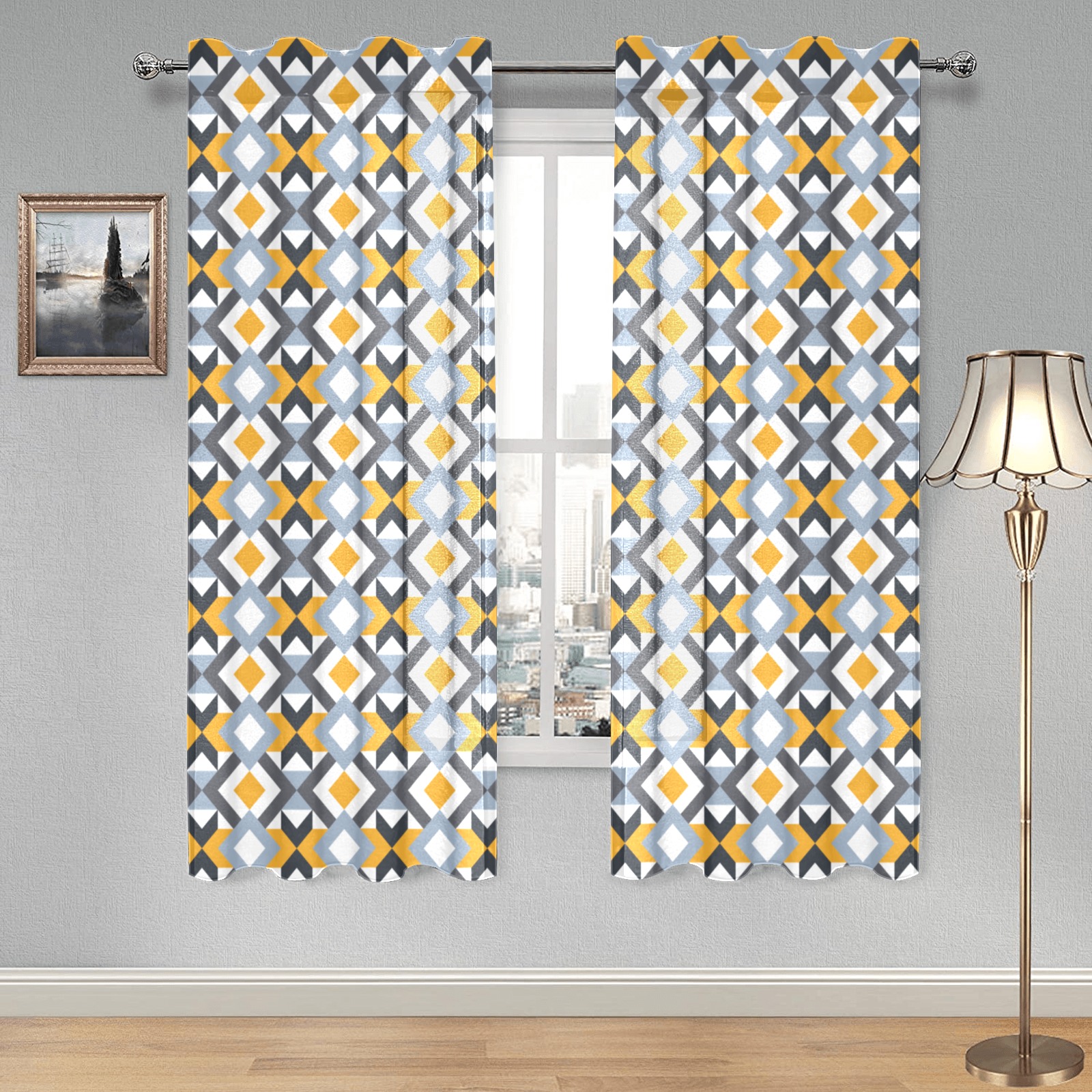 Retro Angles Abstract Geometric Pattern Gauze Curtain 28"x63" (Two-Piece)