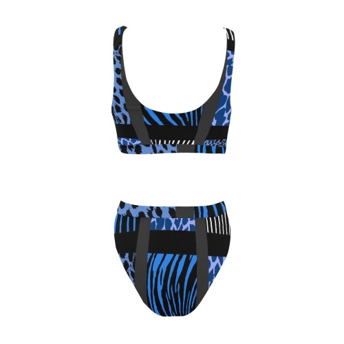 Blue Mixed Animal Print Sport Top & High-Waisted Bikini Swimsuit (Model S07)