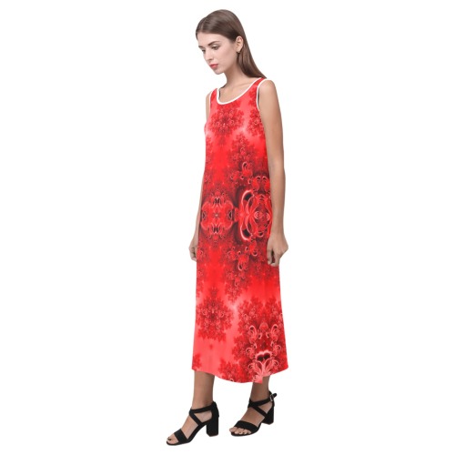 Fiery Red Rose Garden Frost Fractal Phaedra Sleeveless Open Fork Long Dress (Model D08)