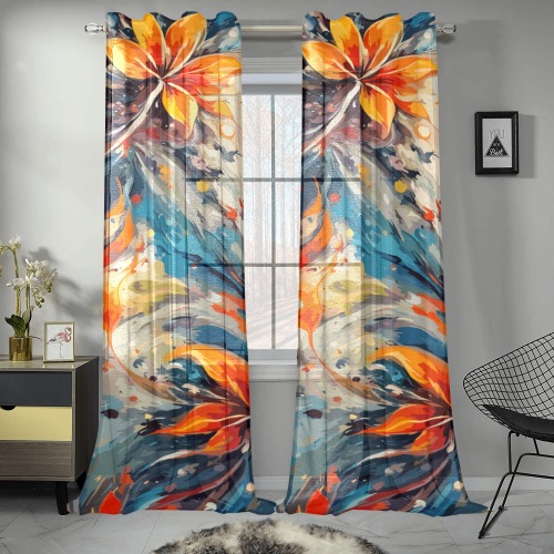 Abstract colorful flowers and whirlpool of colors. Gauze Curtain 28"x95" (Two-Piece)