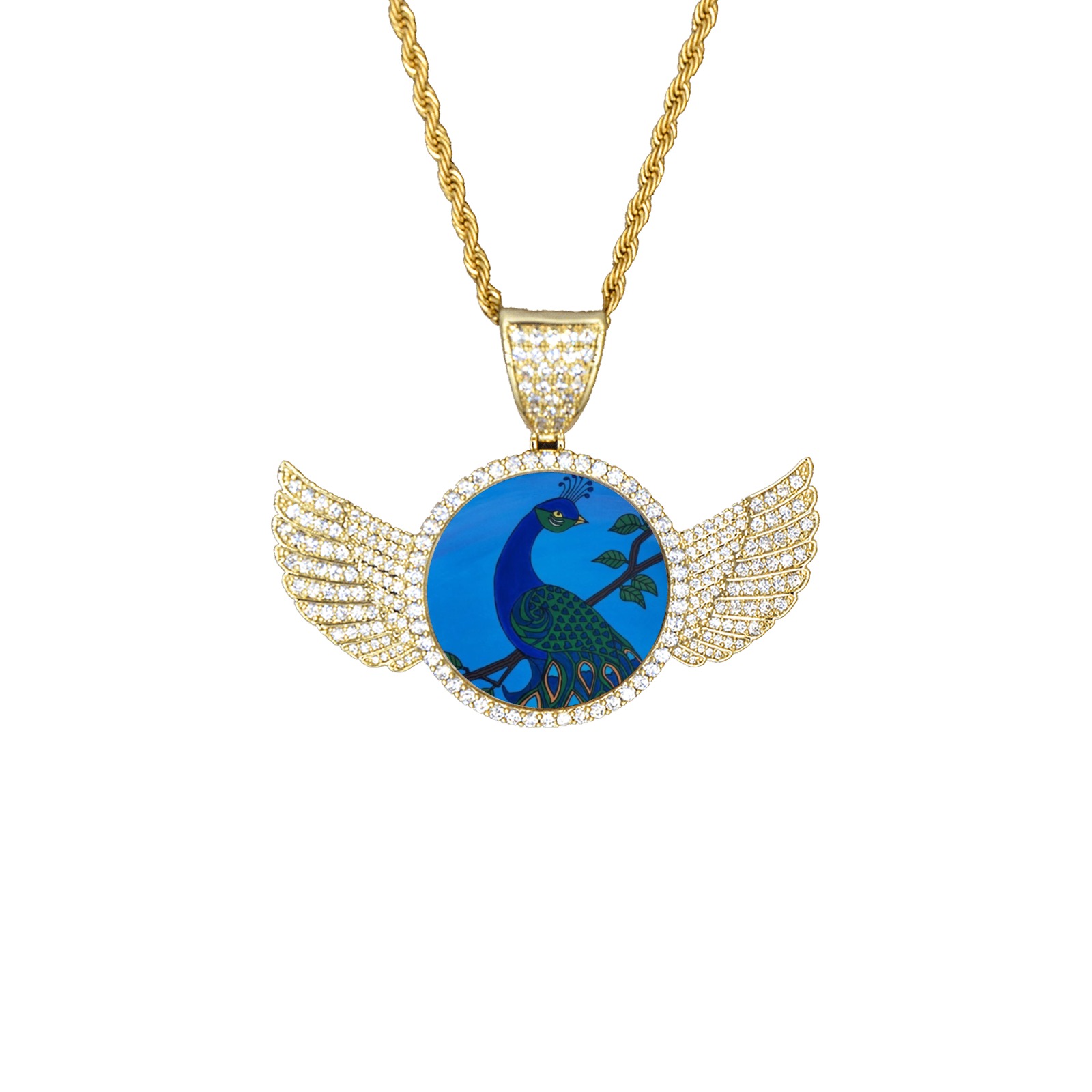 Peacock 2021 Wings Gold Photo Pendant with Rope Chain
