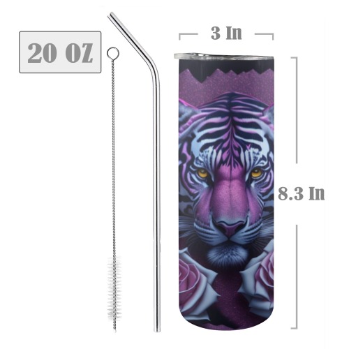 Tiger With Purple Roses - 20oz Tall Skinny Tumbler with Lid and Straw