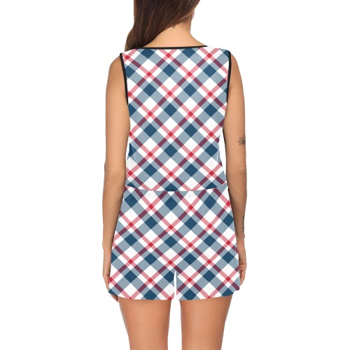 Red, White, Blue Plaid All Over Print Short Jumpsuit