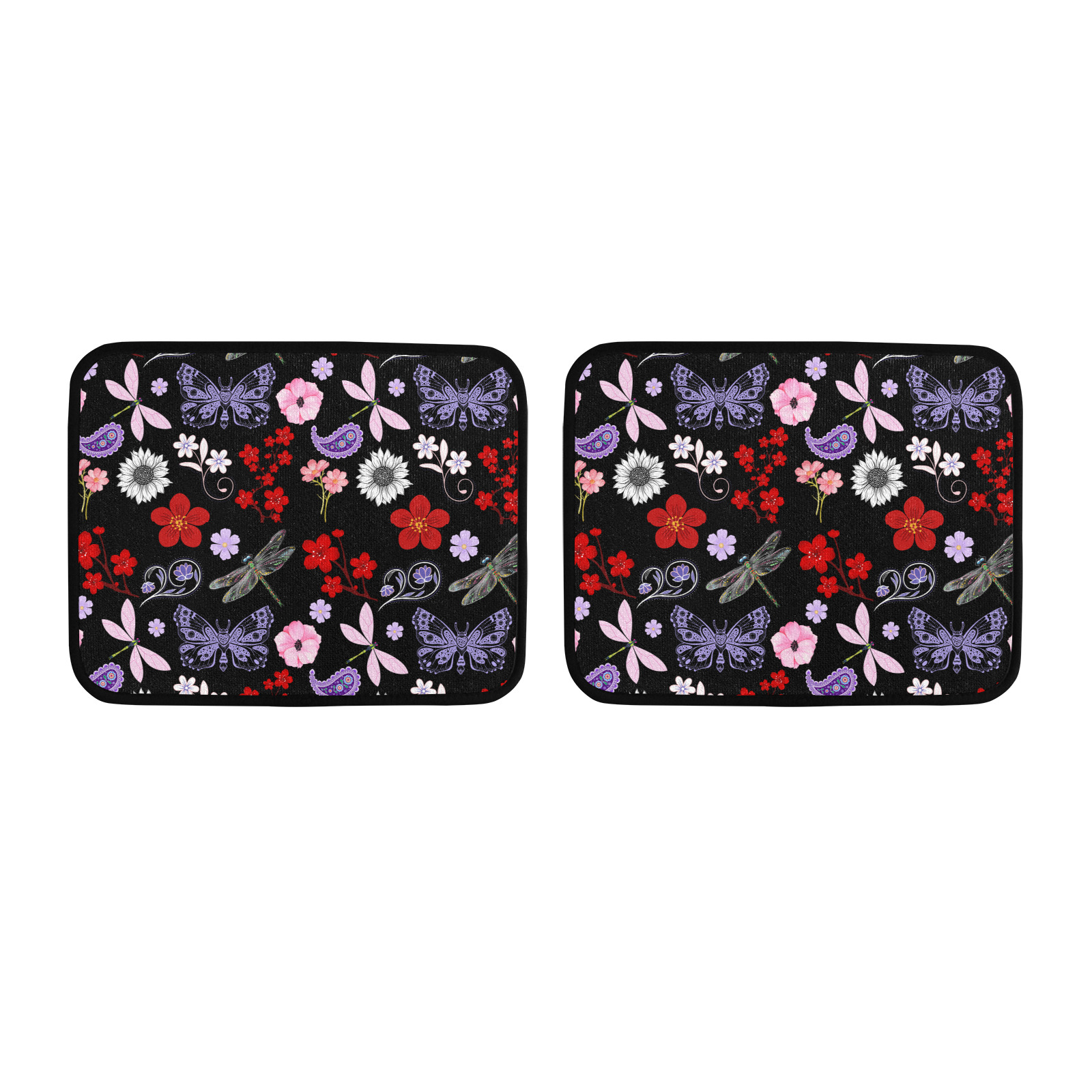 Black, Red, Pink, Purple, Dragonflies, Butterfly and Flowers Design Back Car Floor Mat (2pcs)