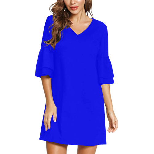 BLUE Half Sleeves V-Neck Mini Dress (Model D63)