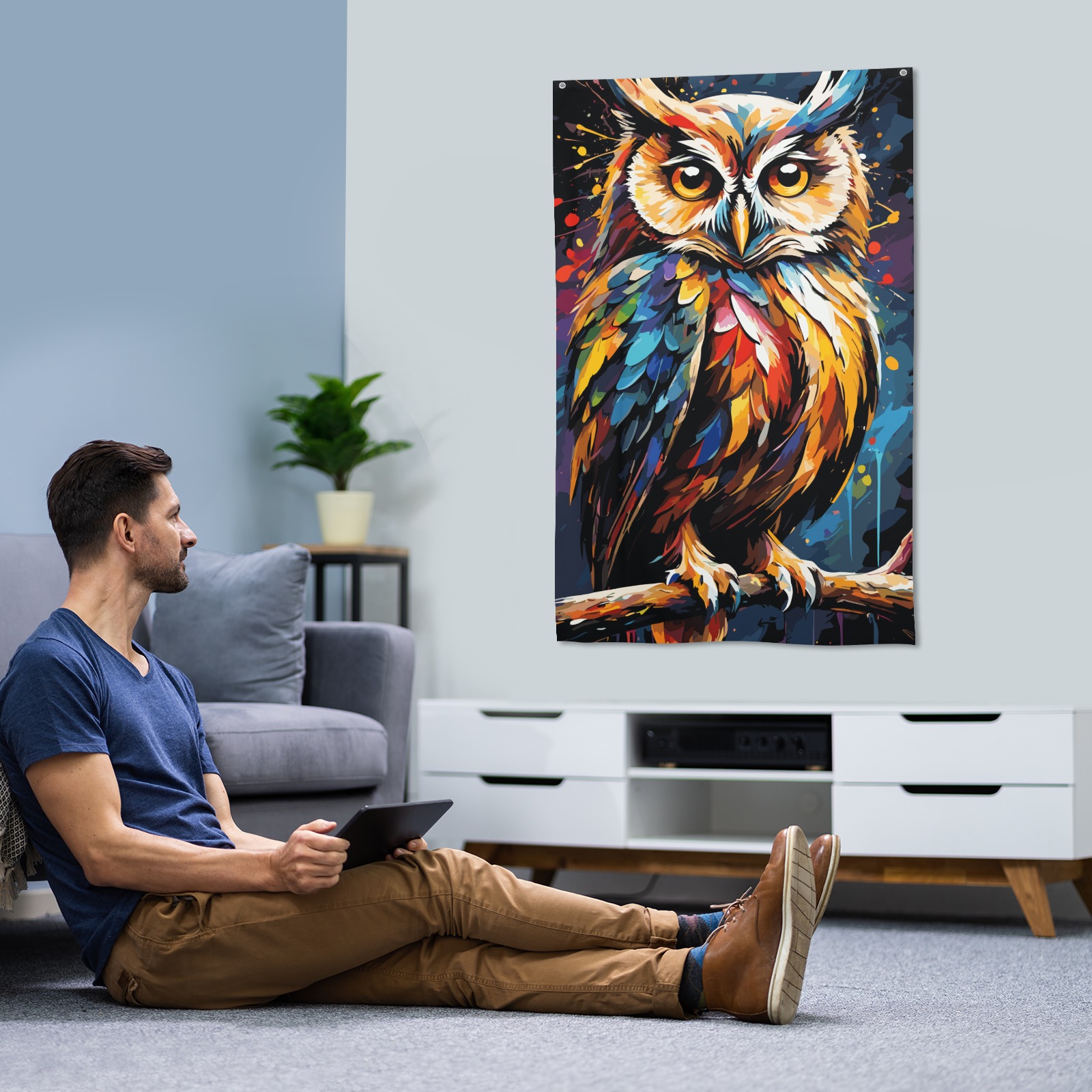 Cute owl bird. Cool, stylish colorful fantasy art House Flag 34.5"x56"