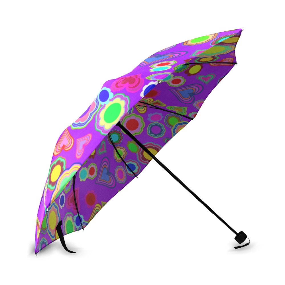 Groovy Hearts and Flowers Purple Foldable Umbrella (Model U01)