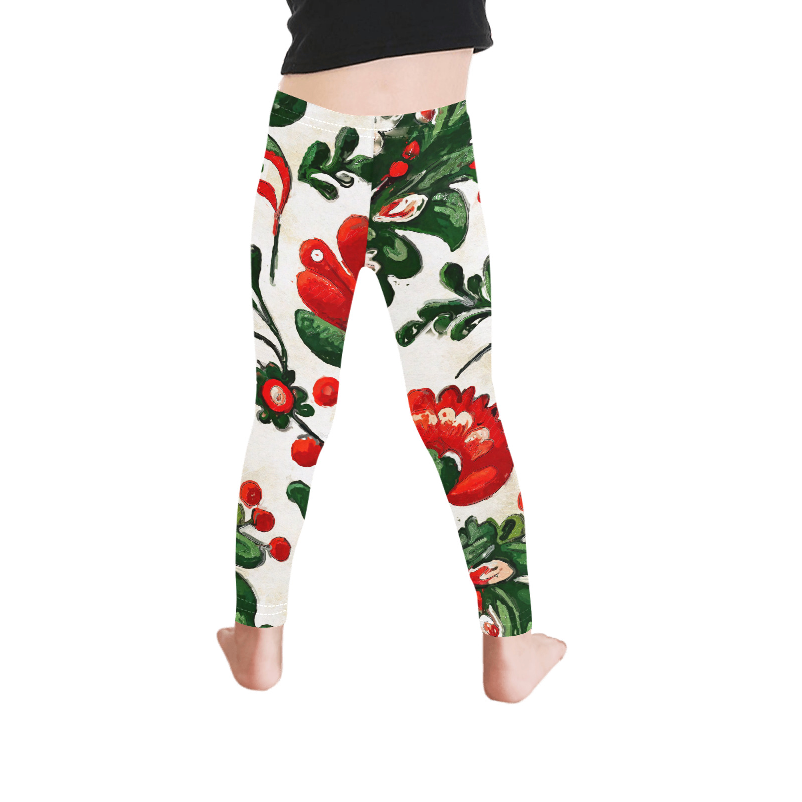 folklore motifs red flowers leggings Kid's Ankle Length Leggings (Model L06)