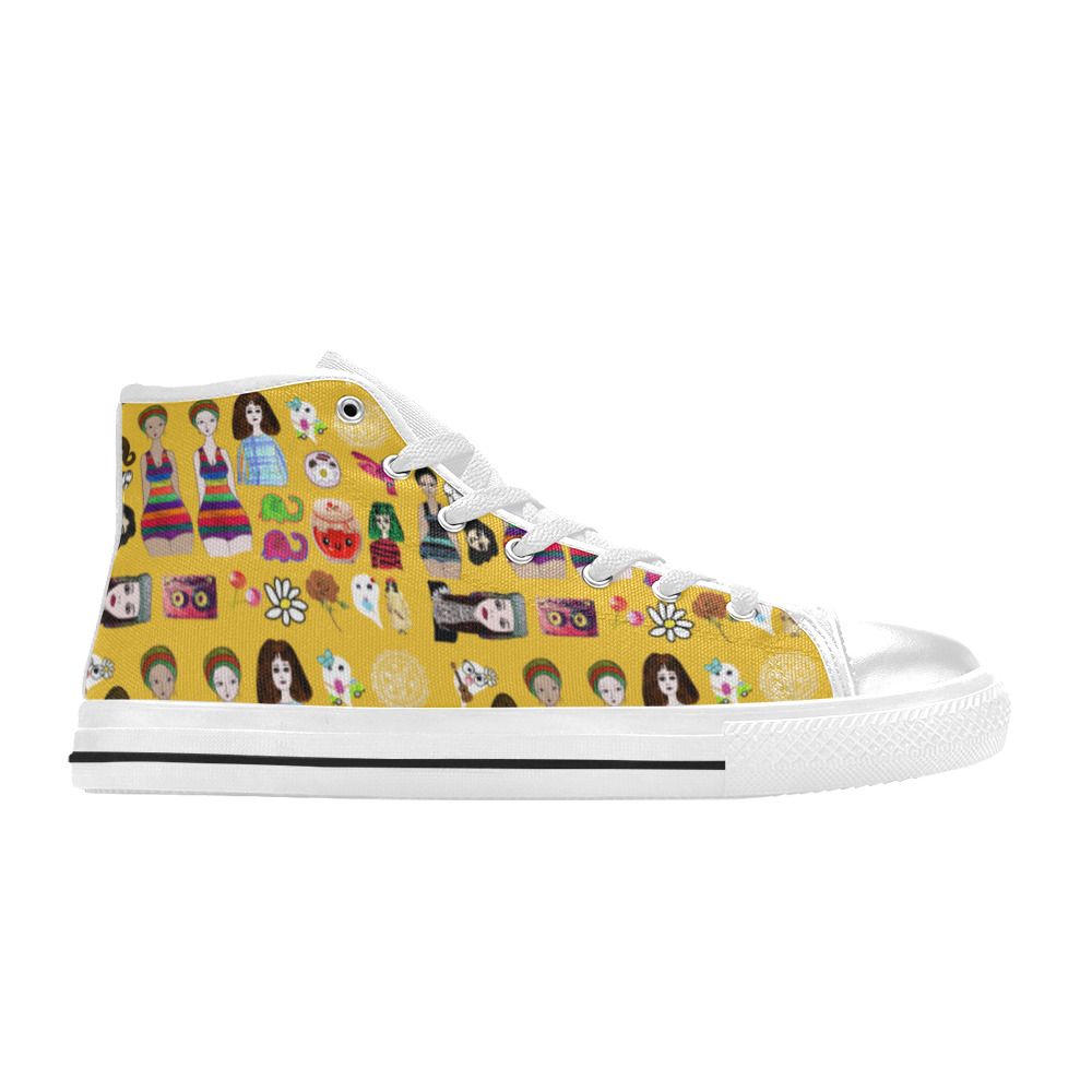 drawing collage yellow High Top Canvas Shoes for Kid (Model 017)