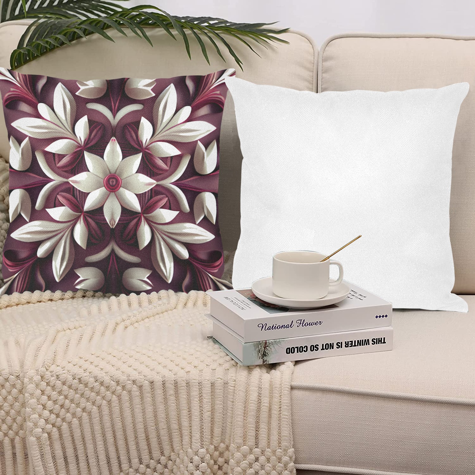 burgundy and white floral pattern Linen Zippered Pillowcase 18"x18"(One Side&Pack of 2)