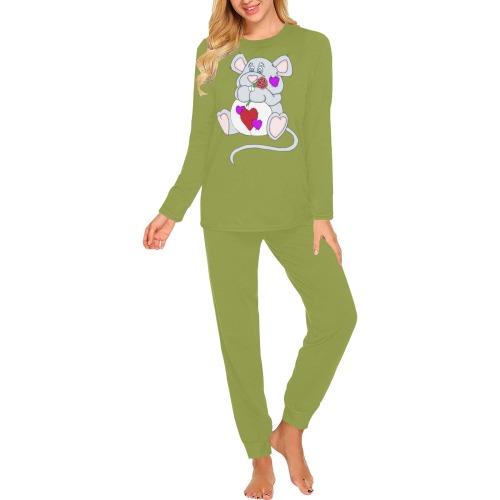 Valentine Mouse Olive Green Women's All Over Print Pajama Set