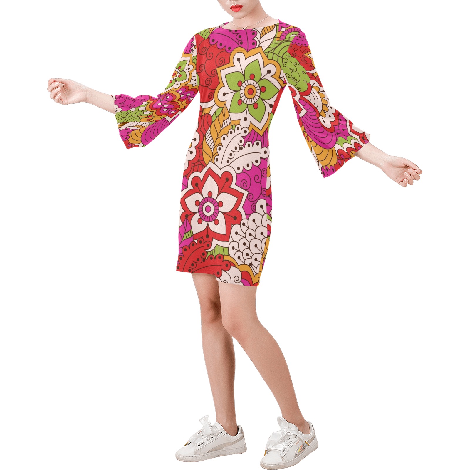 Beautiful Vintage Abstract Floral Paisley Bell Sleeve Dress (Model D52)
