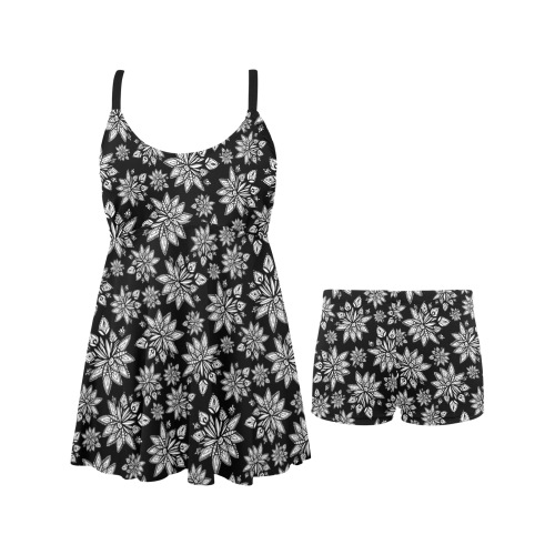 Creekside Floret pattern black Chest Pleat Swim Dress (Model S31)