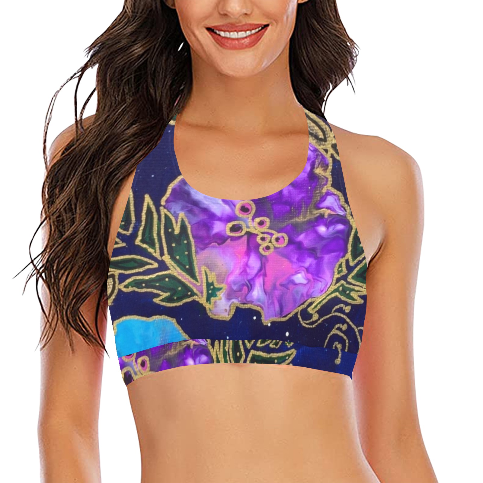Dark Blue Floral Crop Bikini Top (Model S21)