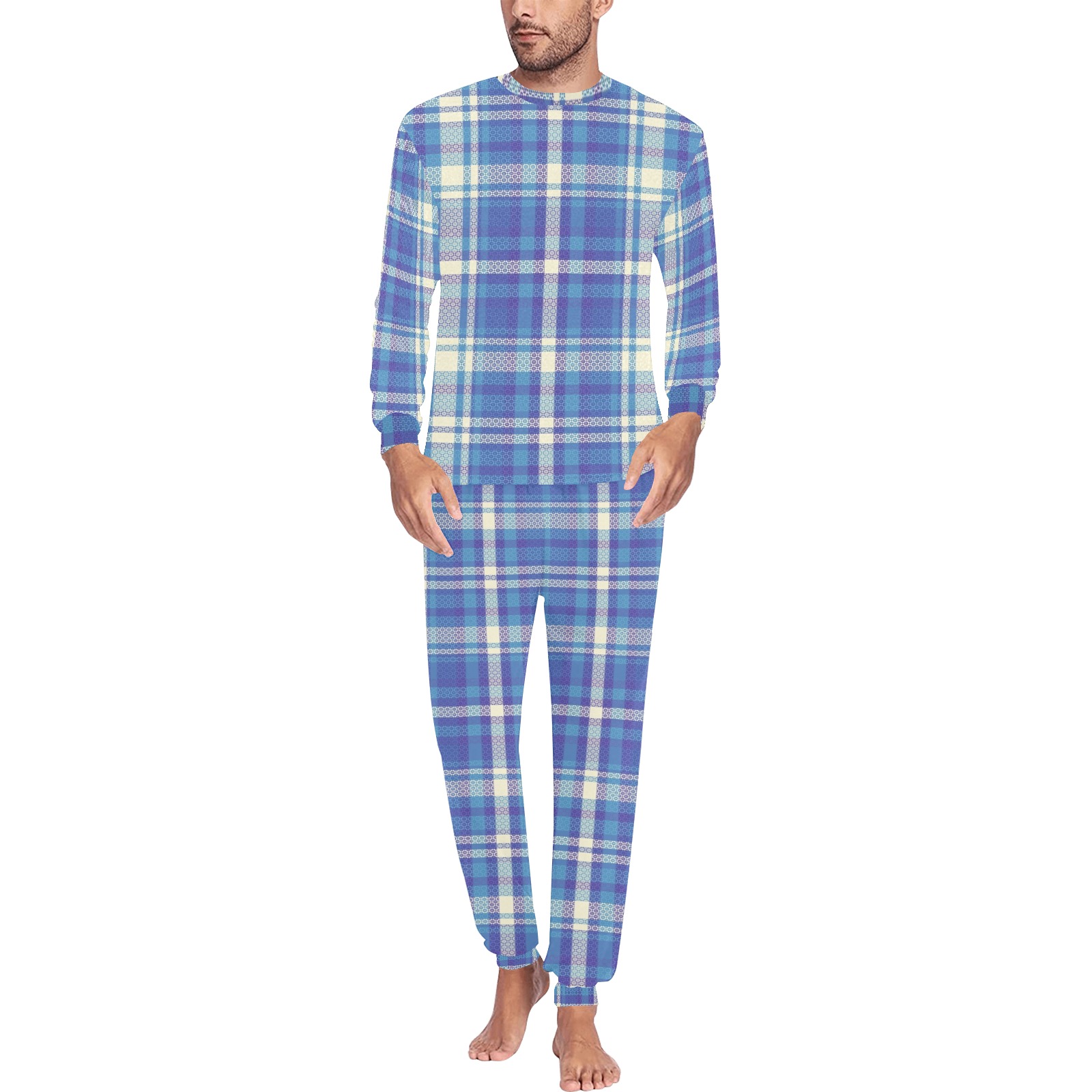 Blue Tartan Plaid Men's All Over Print Pajama Set with Custom Cuff