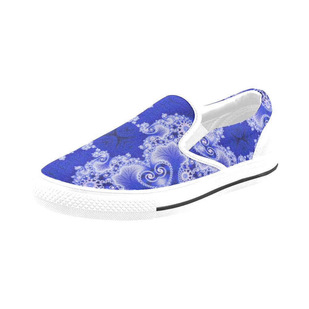 0-White Lace on Blue Velvet Fractal Abstract Women's Slip-on Canvas Shoes (Model 019)