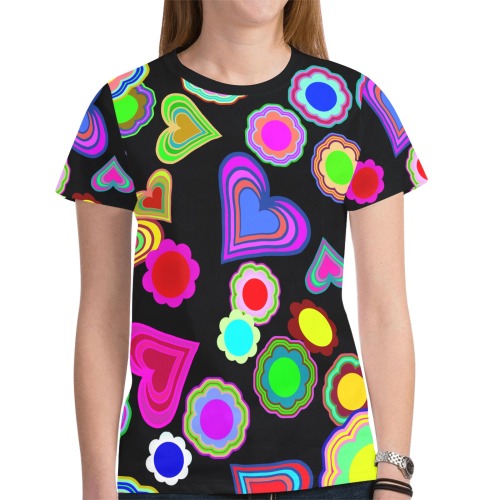 Groovy Hearts Flowers Pattern Black New All Over Print T-shirt for Women (Model T45)